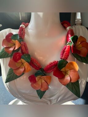 Botanical Hawaiian Wood Floral Pink Orange Yellow & Green Leaves Light Weight